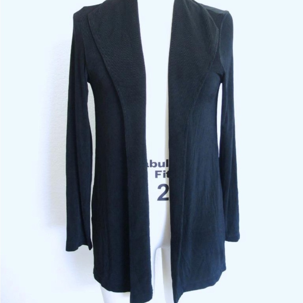 Misook Black Knit Cardigan ribbed open front collar sz XS petite long sleeve